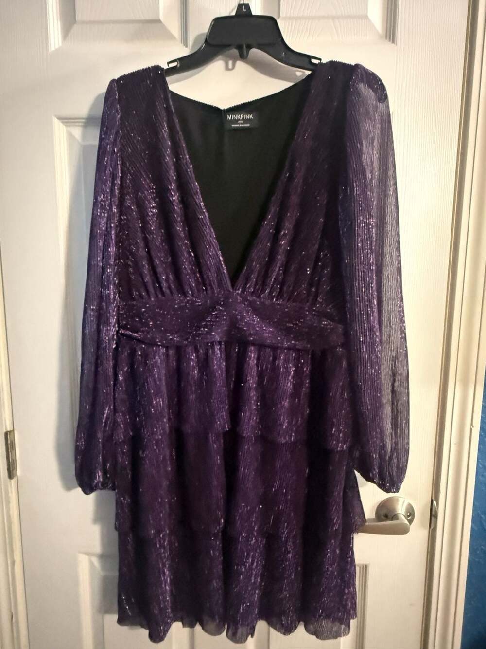 Minkpink ENYA LUREX PLISSE MINI DRESS Size Large Purple Sparkly